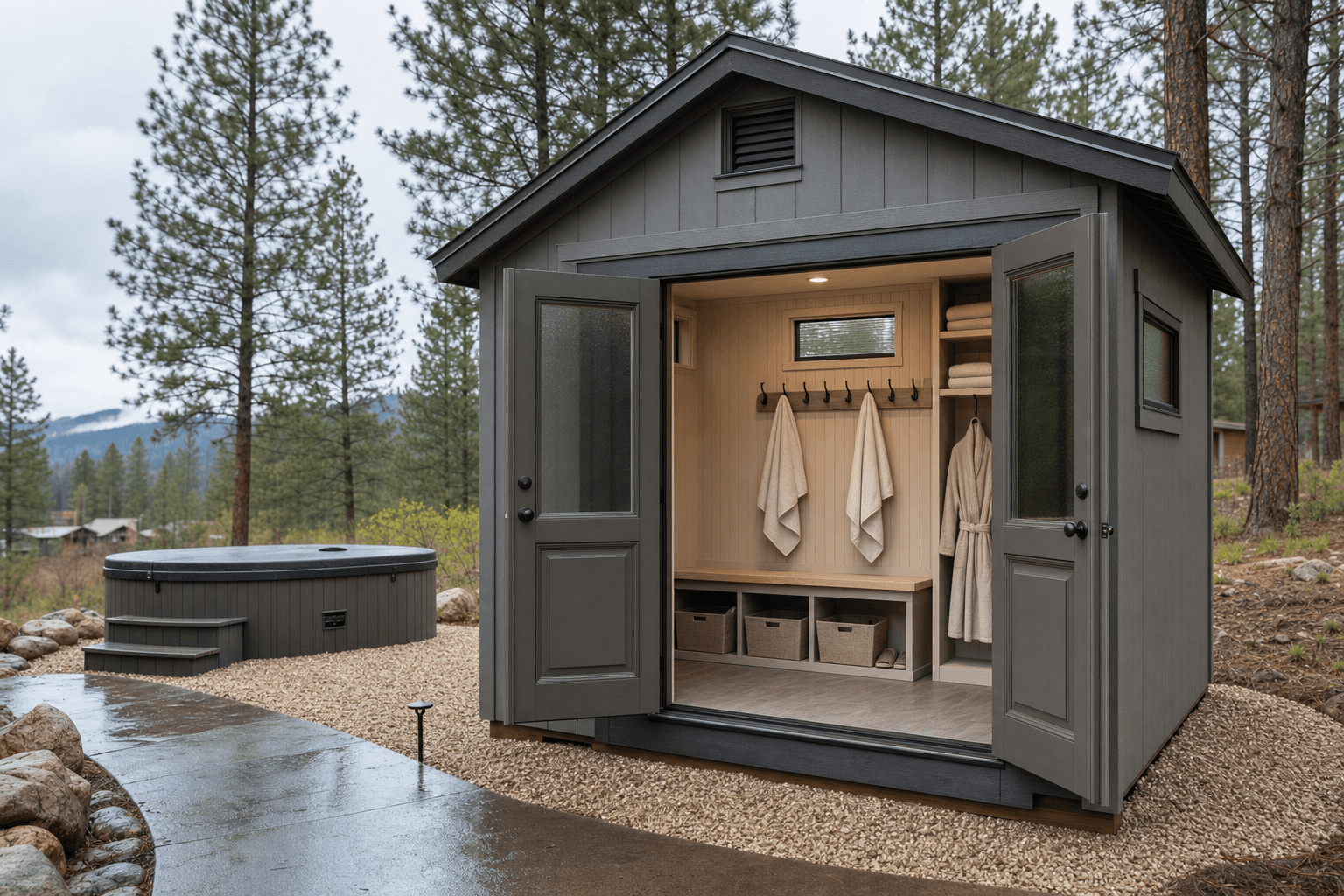Open hot tub changing shed with bench seating, towel hooks, robe storage, privacy window, ventilation, and a clean dry threshold