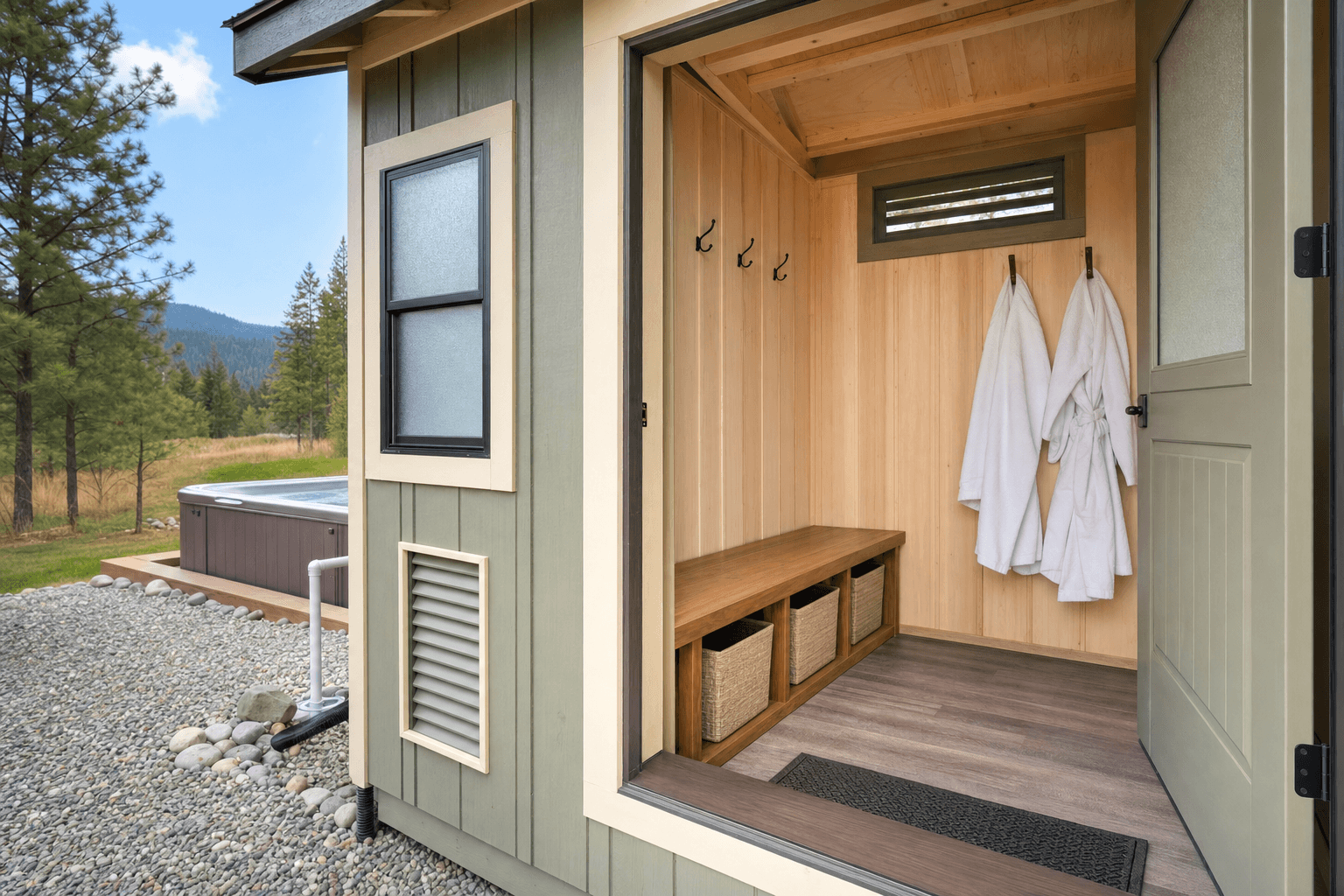 Private hot tub changing shed detail with hooks, bench, cubbies, vented window, weather-protected entry, and gravel access