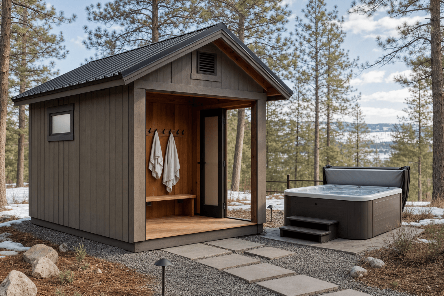 A modern custom shed with clean lines beside a newer home in the Tullamore master-planned community in Post Falls, North Idaho