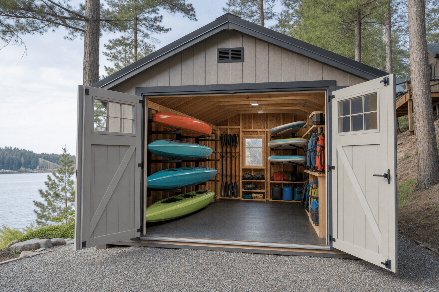 A modern gable storage shed with neutral siding behind a single-family home in a Coeur d'Alene subdivision, North Idaho