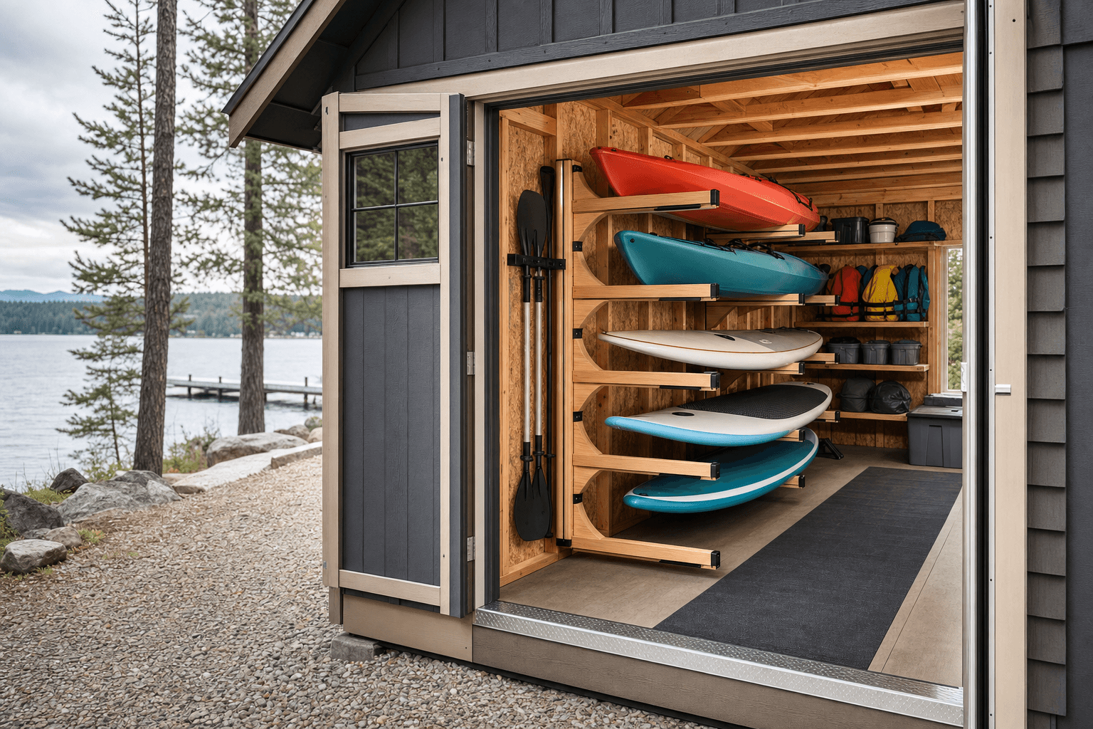 Kayak and paddleboard shed detail with long rack clearance, paddle hooks, PFD shelf, durable threshold, and dry lake gear access