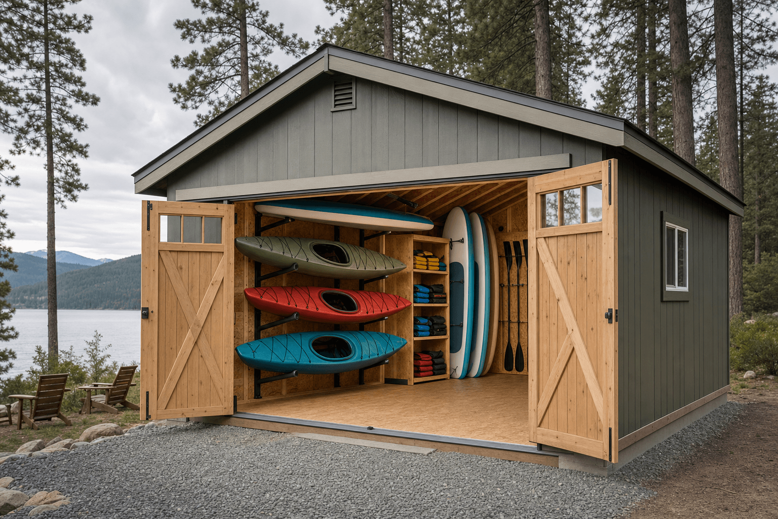 A modern custom shed with clean lines and neutral siding on a suburban lot in The Landings subdivision, Coeur d'Alene, North Idaho