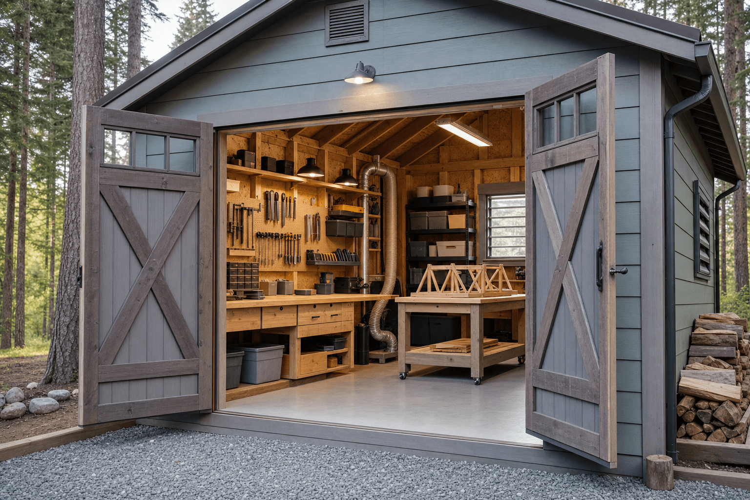 Interior of a long 10x20 shed with a continuous workbench down one wall and a clear lane to the door