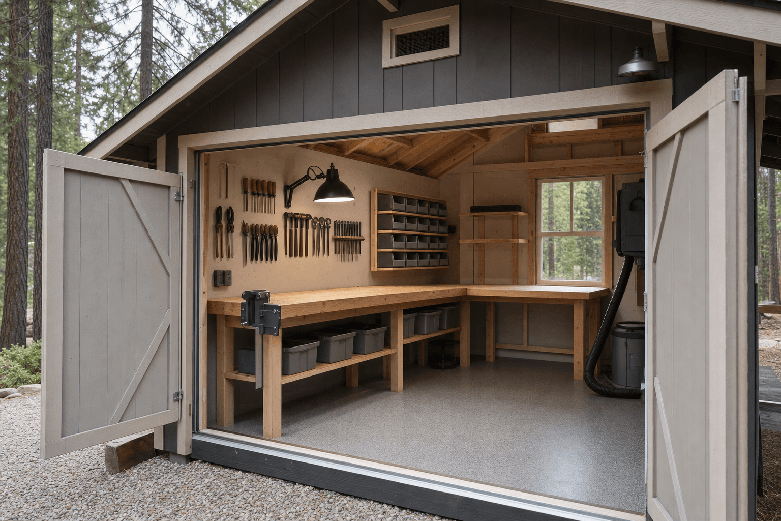 Maker-space shed detail with workbench, blank parts bins, tool storage, task light, vent, dust-aware hose, clean threshold, and durable floor