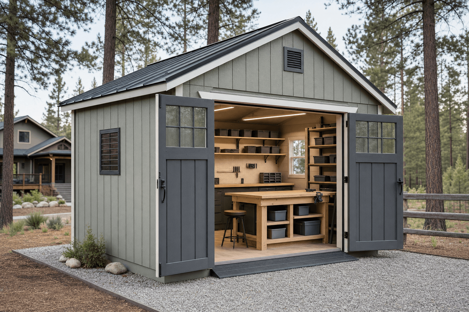 A long 10x20 gable shed with a side door and windows on a gravel pad in North Idaho