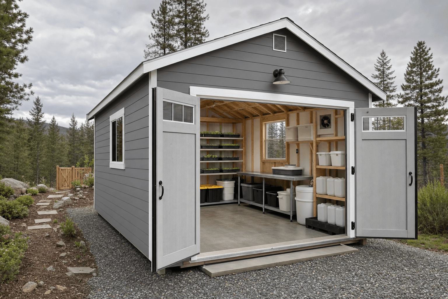Open microgreens support shed with blank trays, clean shelving, washable bench, venting, and organized water storage