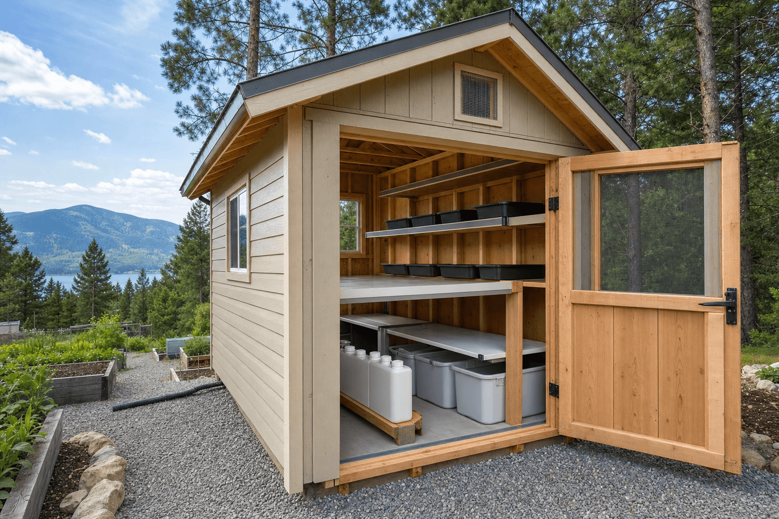 Microgreens shed detail with blank trays, washable work surface, screened vent, capped containers, and gravel threshold