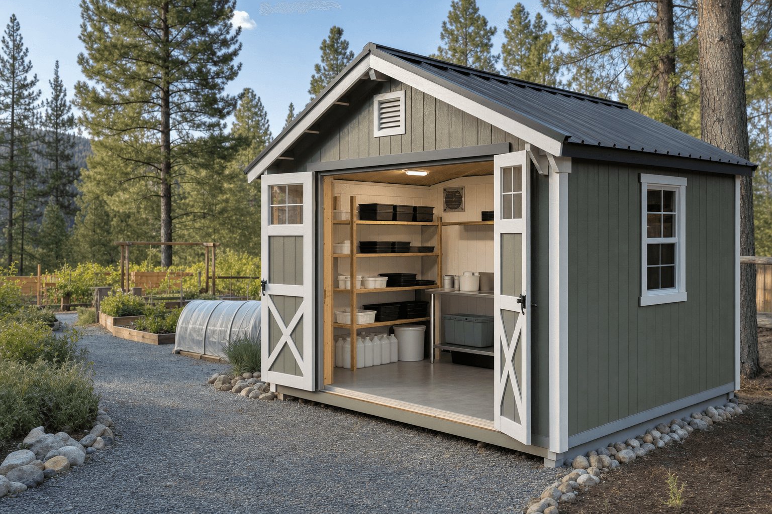 A custom gable shed with lap siding on a landscaped golf-course lot in The Highlands community above the Spokane River in Post Falls, North Idaho