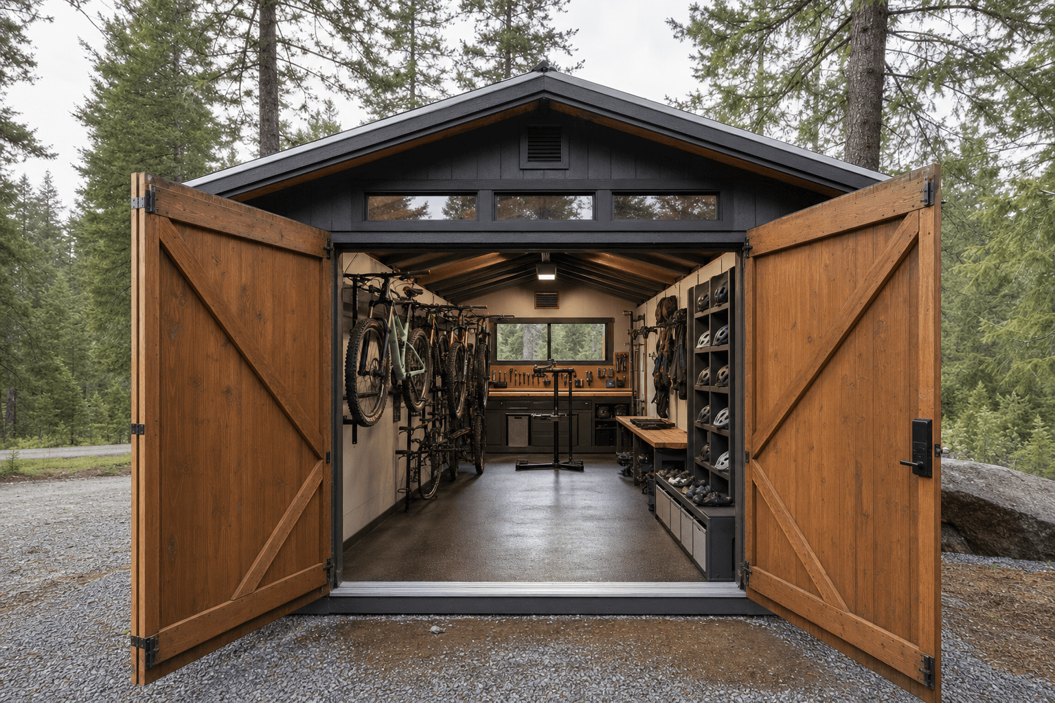 A compact gable shed anchored on a flat, open prairie lot in a newer Rathdrum subdivision, North Idaho