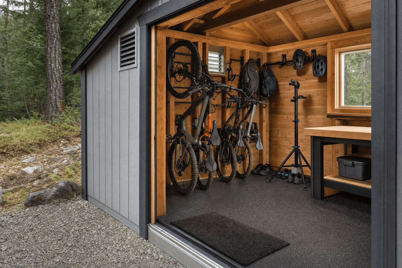 Mountain bike shed detail with durable threshold, wall bike rack, repair stand, workbench, helmet hooks, shoe storage, and ventilation