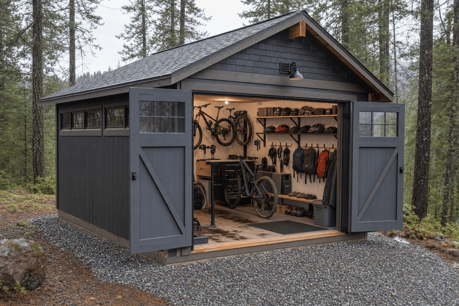 A custom gable shed on a flat, graded lot in the Thayer Farms subdivision on former farmland in Rathdrum, North Idaho
