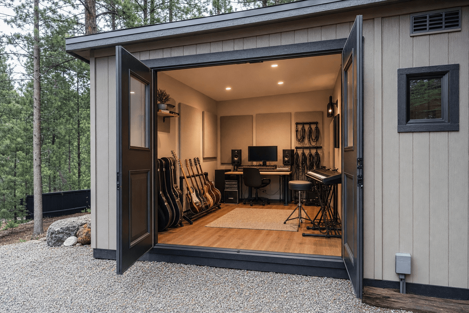 Open backyard music studio shed interior with plain acoustic panels, instrument racks, desk workspace, blank screen, neat cables, and privacy window