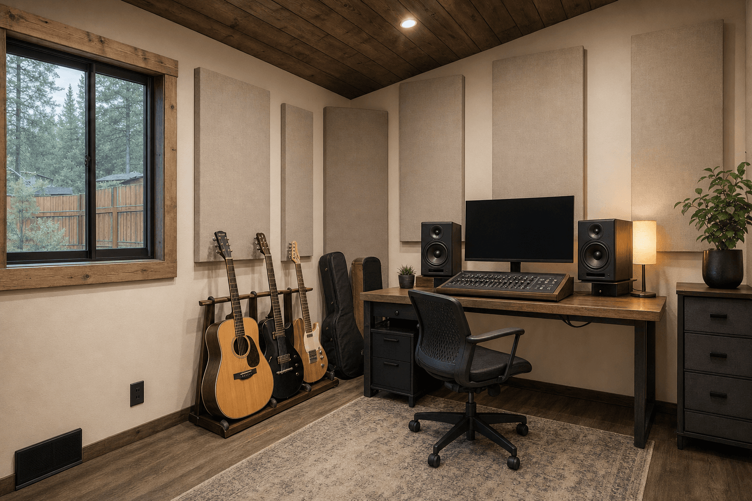 Music studio shed detail with plain acoustic panels, instrument storage, small desk, blank screen, managed cables, privacy window, and finished floor