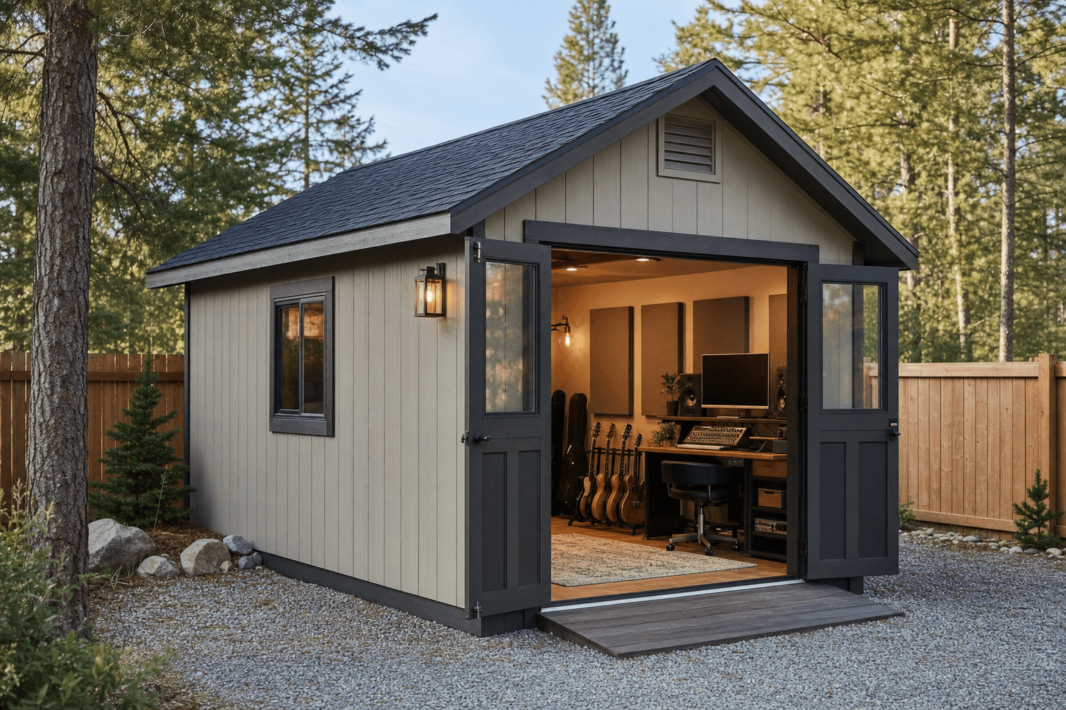 North Idaho backyard music studio shed with acoustic wall panels, instrument storage