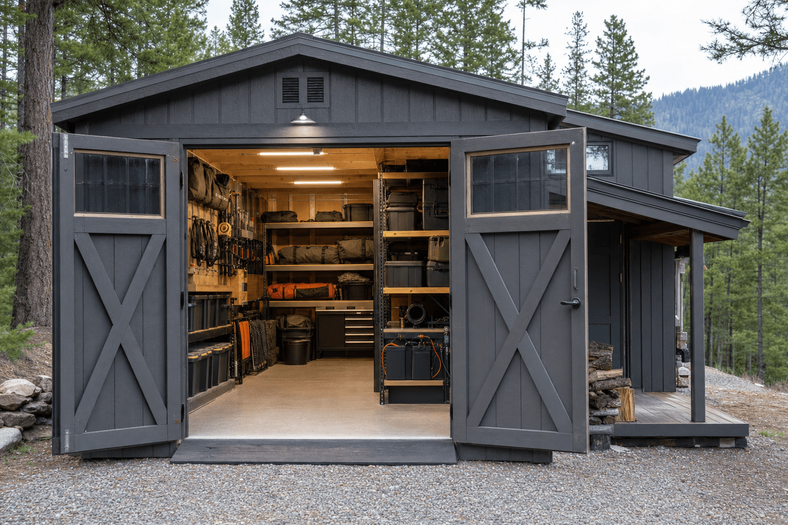 Open overlanding gear shed interior with shelving, blank bins, camping gear, recovery equipment, dry aisle, ventilation, and subtle power-planning cues