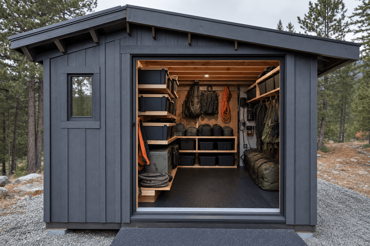 Overlanding gear shed detail with blank bins, recovery gear shelves, dry threshold, durable floor, hooks, and unlabeled power-planning cues