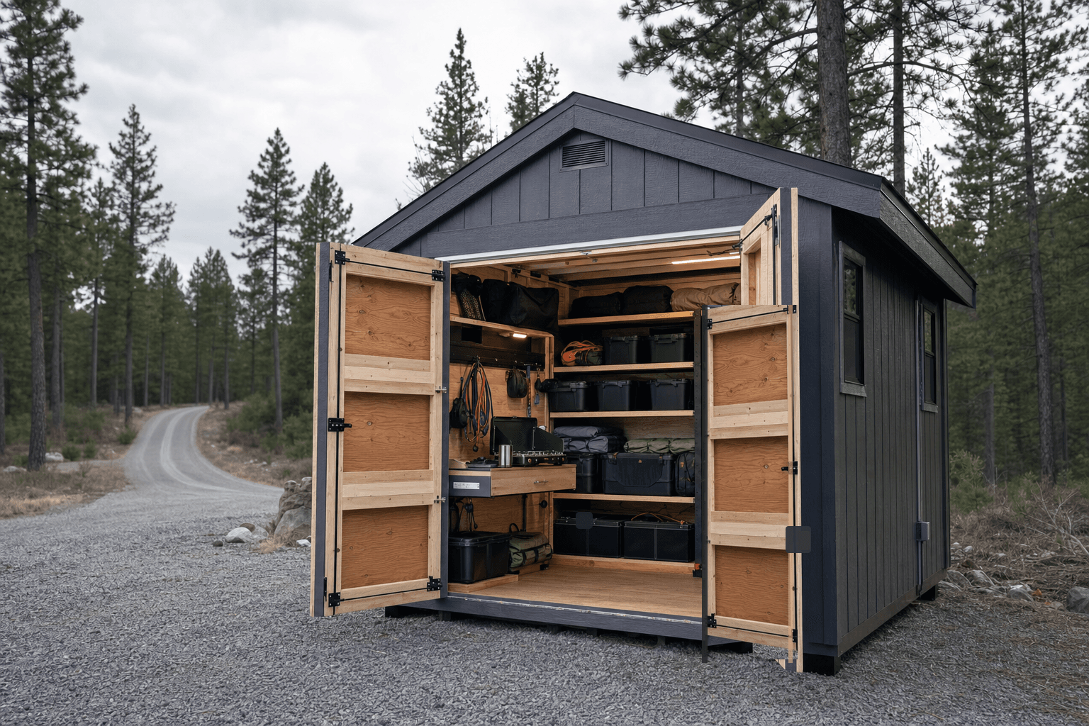 A custom shed finished to match an upscale home on a riverfront lot in the South Shore community on the Spokane River in Post Falls, North Idaho