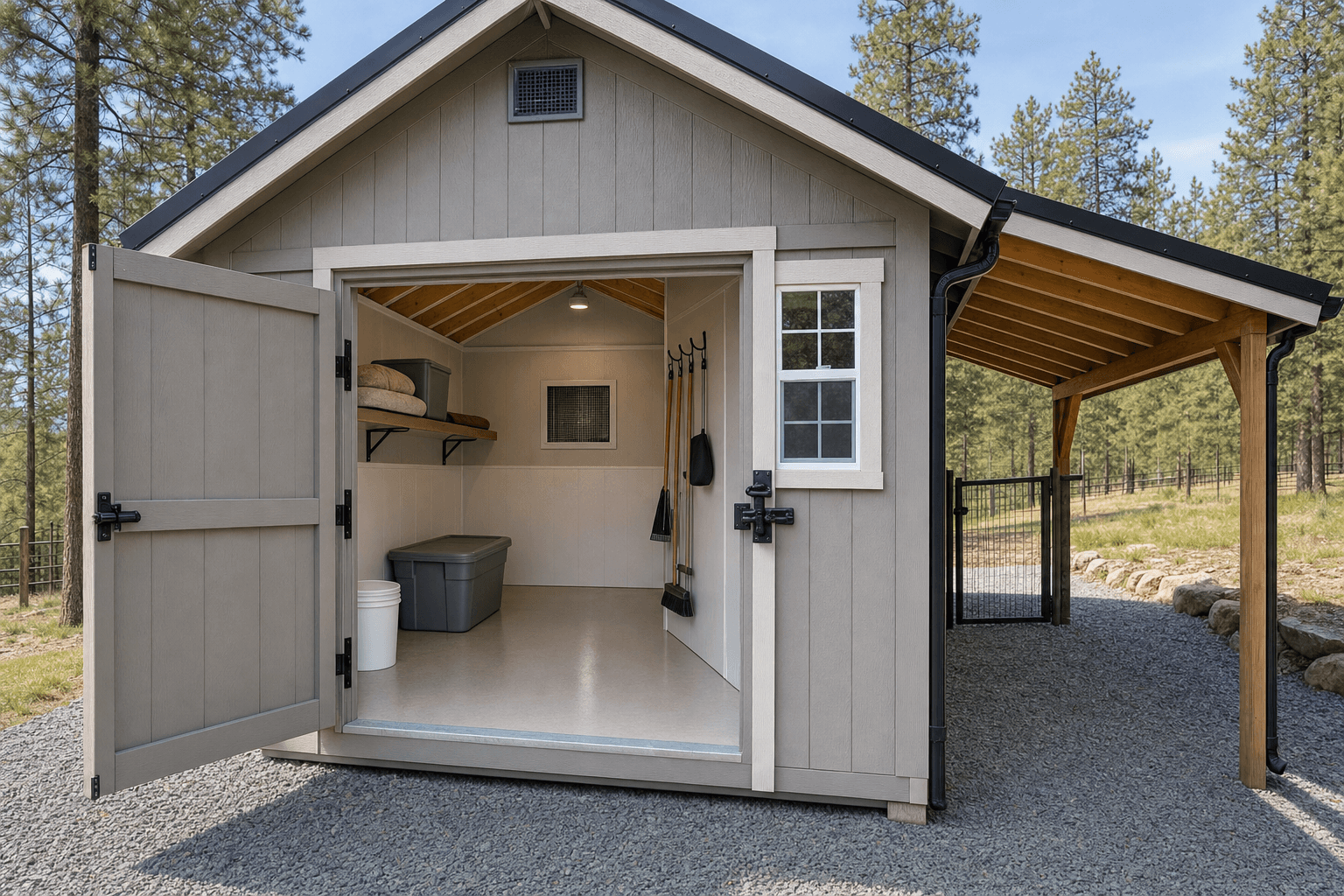 Open pet shelter shed with cleanable floor planning, blank feed bin, bedding shelf, screened vent, secure latch, covered entry, and clear aisle