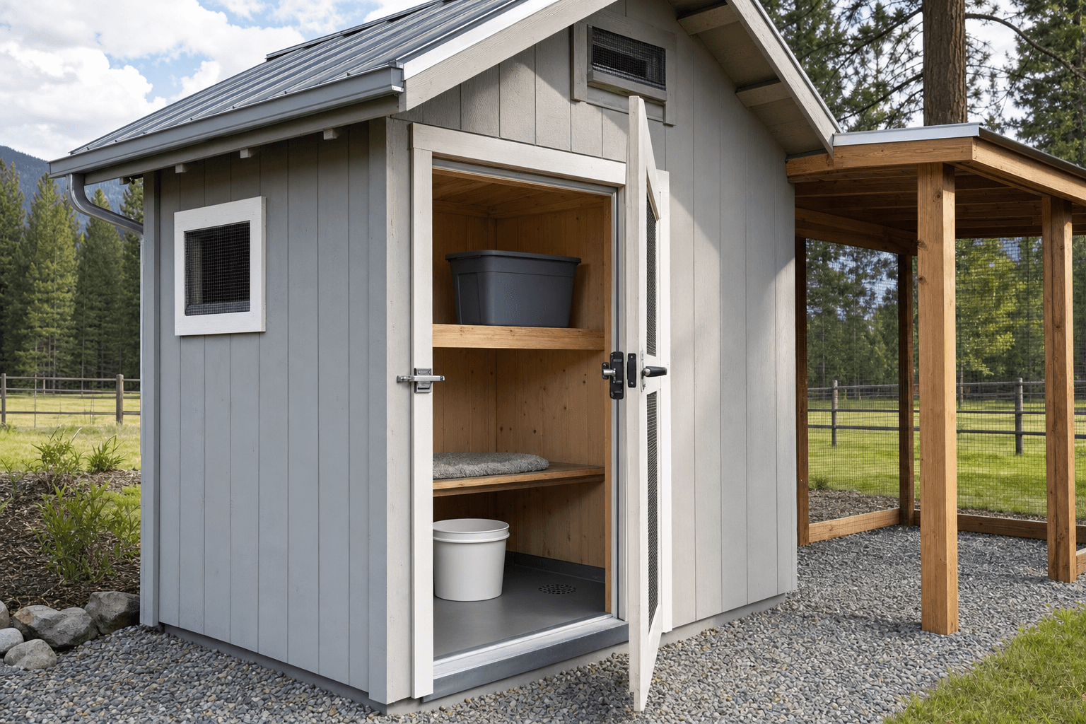 Pet shelter shed detail with blank feed bin, bedding shelf, secure latch, screened vent, covered entry connection, and clean gravel threshold