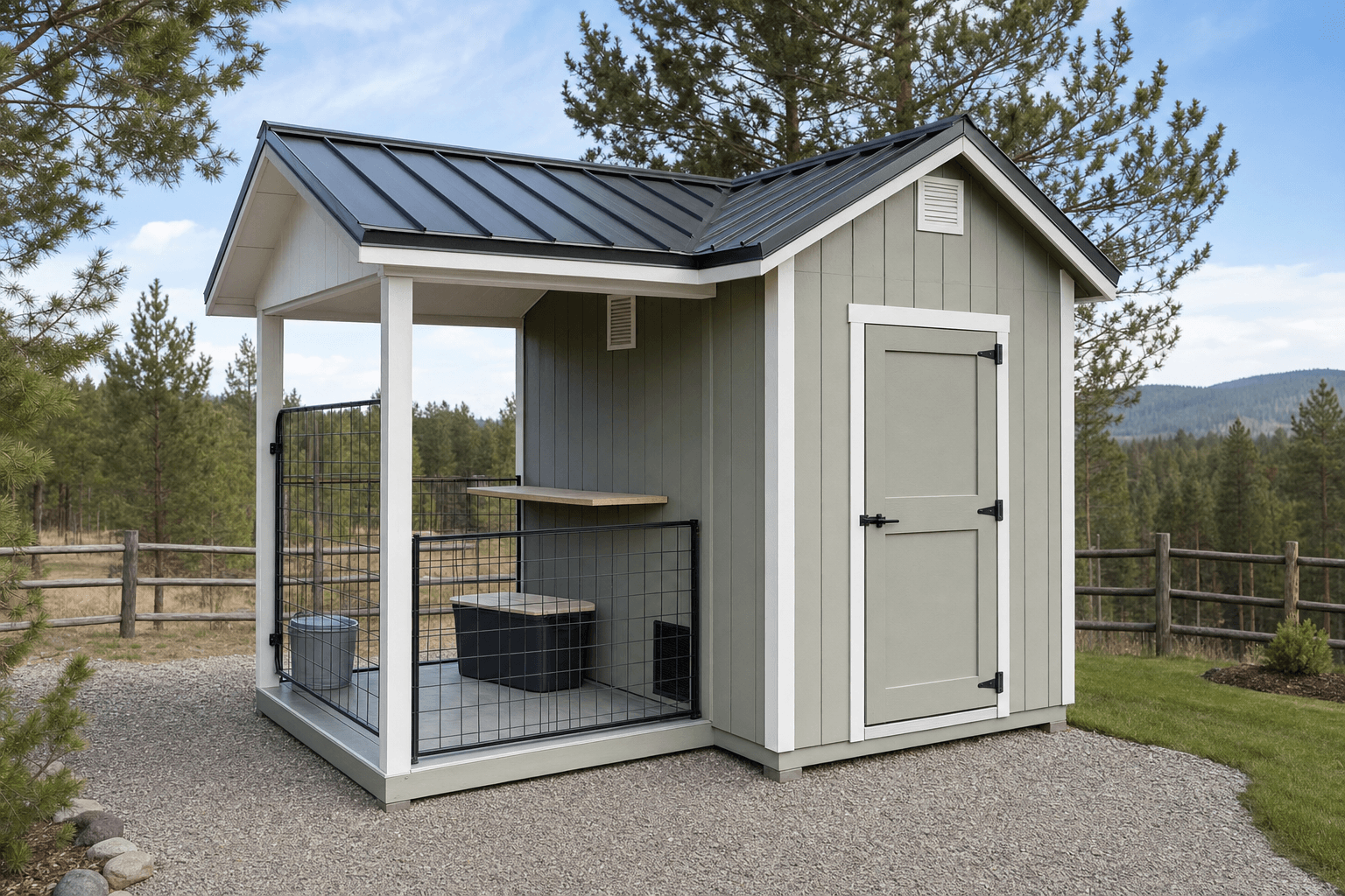 Buildable North Idaho pet shelter shed with covered entry, ventilation, secure door