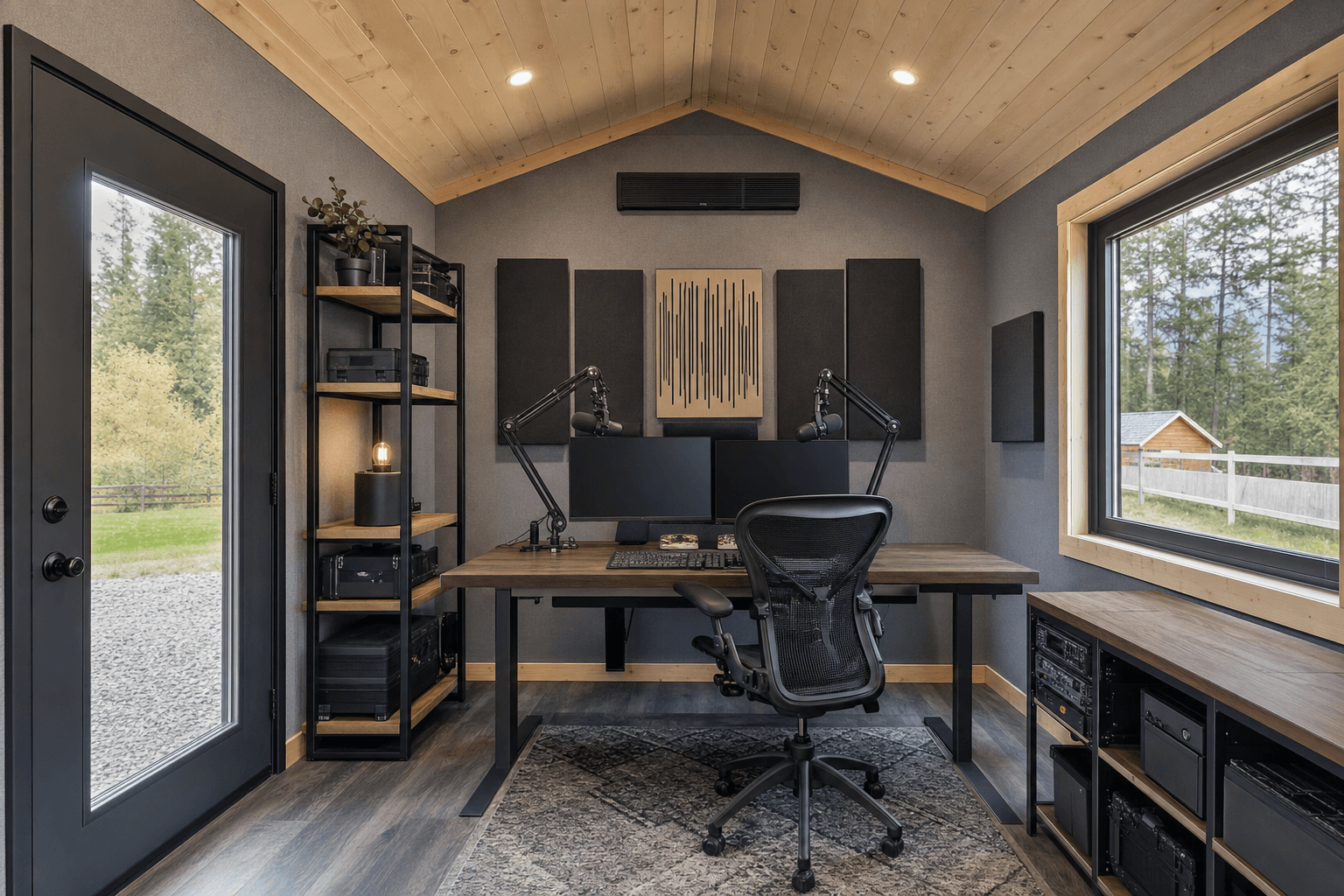Podcast studio shed interior with acoustic wall treatment, work desk, shelves, and organized cable routing.