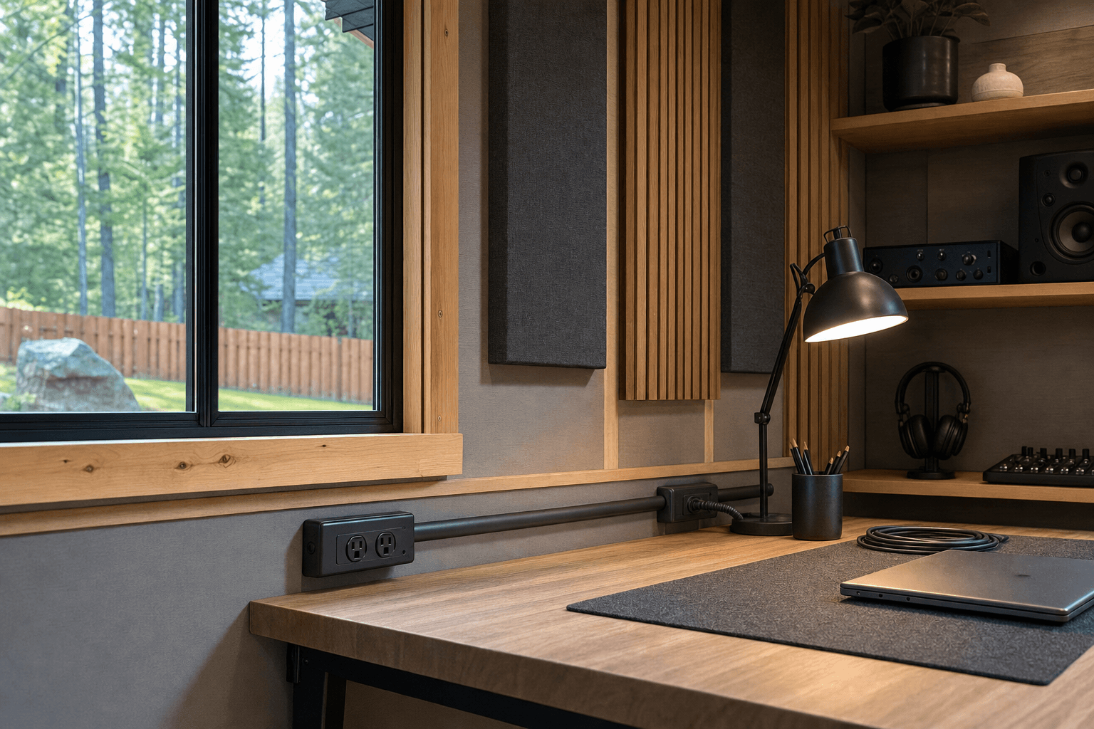 Creator studio shed detail showing acoustic treatment, cable raceway, desk clearance, and gear storage.