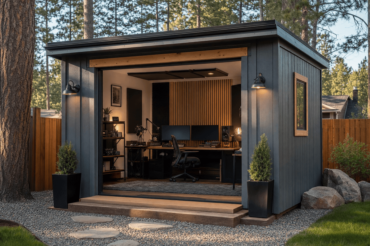 Finished backyard podcast and creator studio shed with acoustic panels and workstation zones