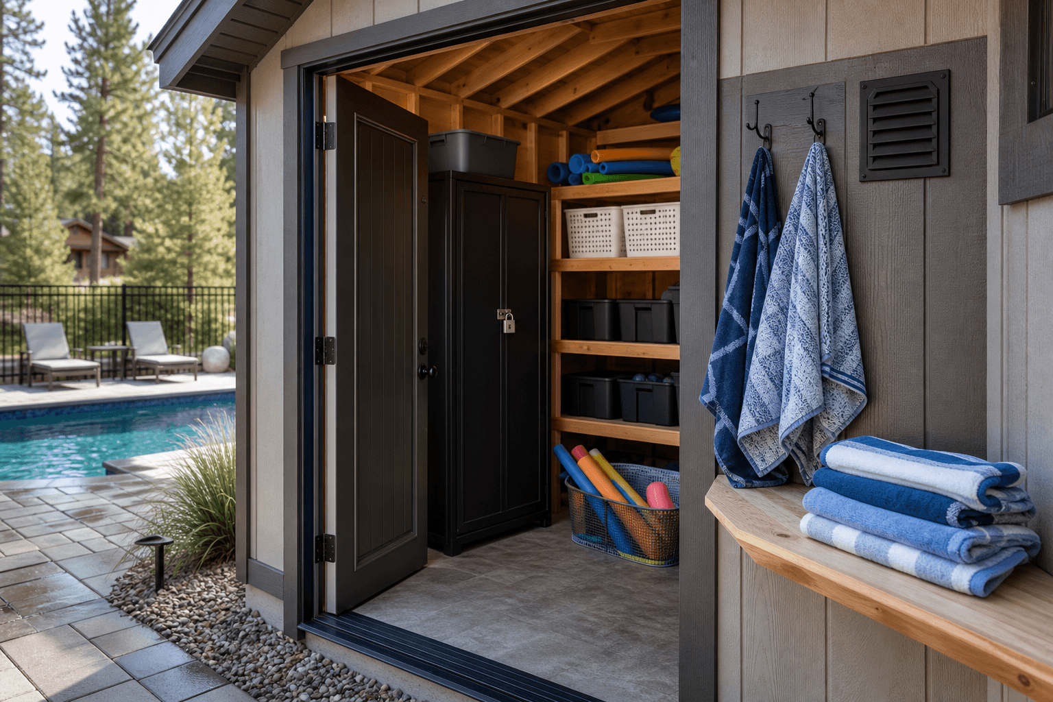 Pool house shed detail with durable threshold, sealed trim, ventilation, towel hooks, pool gear bins, and closed storage cabinet.