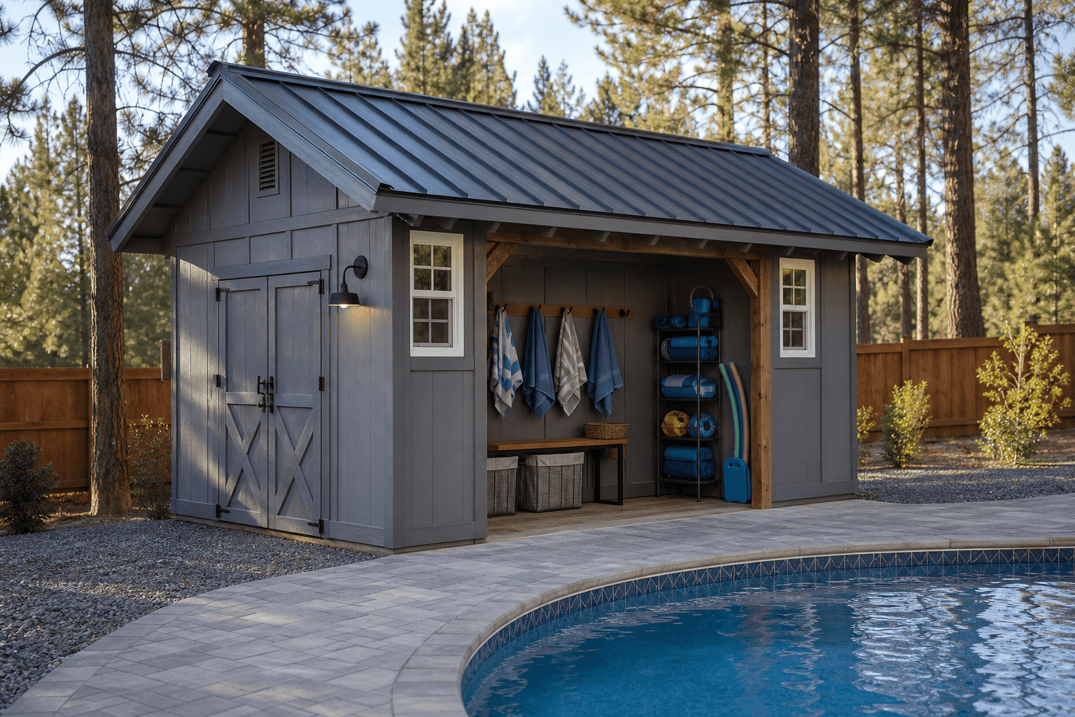 A 24x30 two-bay garage shed with tall overhead doors and a man door on a concrete slab in North Idaho