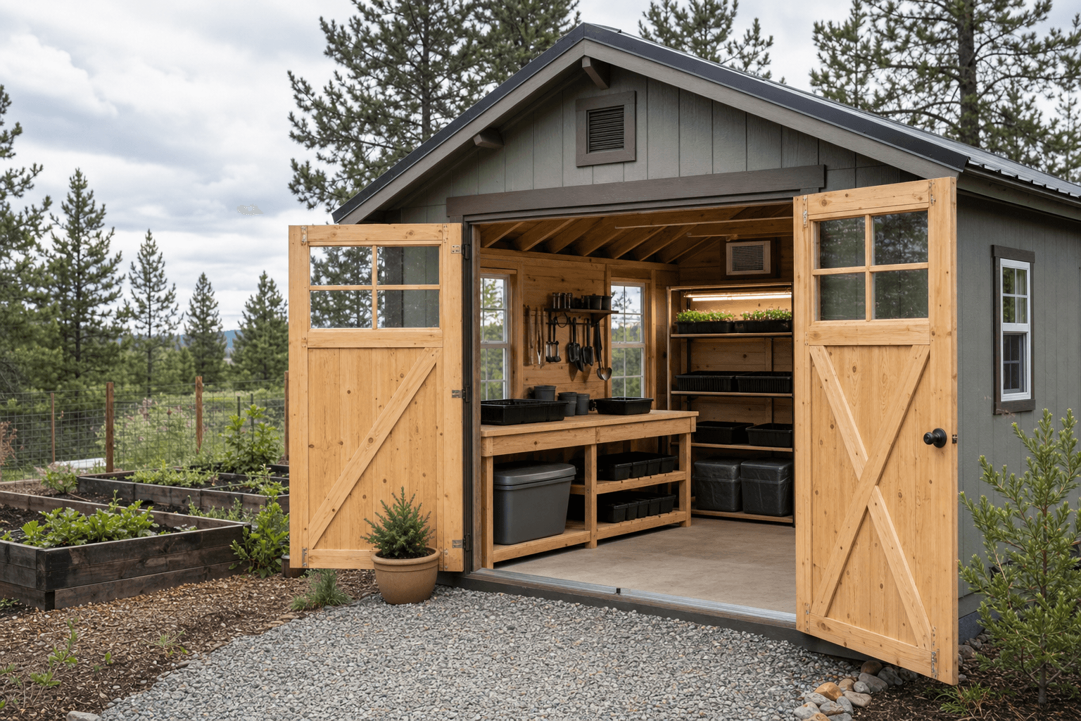 Open potting shed with bench, blank trays, soil bin, hand-tool hooks, seed-starting shelf, windows, and clear garden access