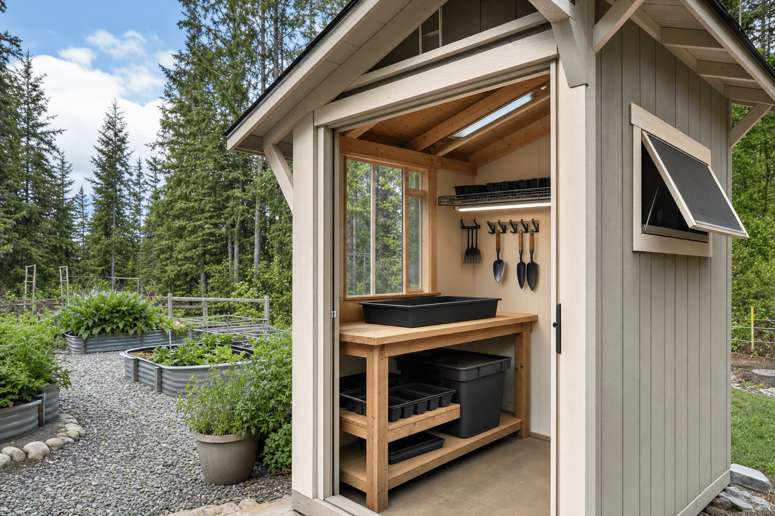 Potting shed detail with blank trays, soil bin, tool hooks, work bench, vented window, protected eave, and gravel threshold