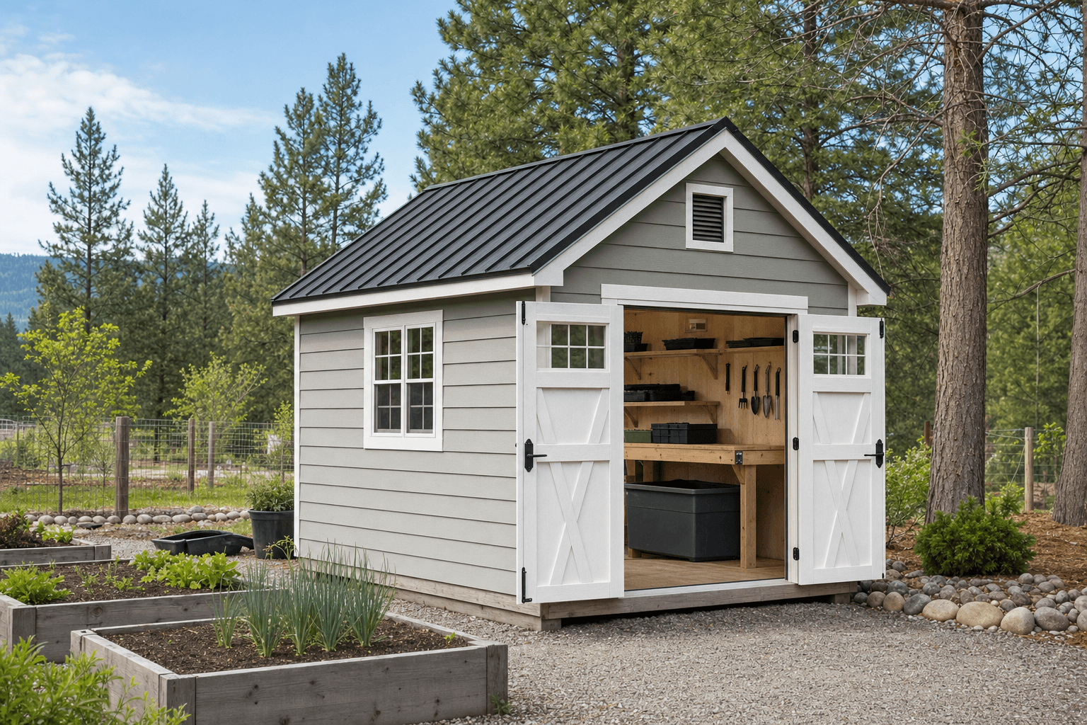 Buildable North Idaho potting shed with work bench, soil bin, blank trays, tool storage, windows, vents, and gravel drainage