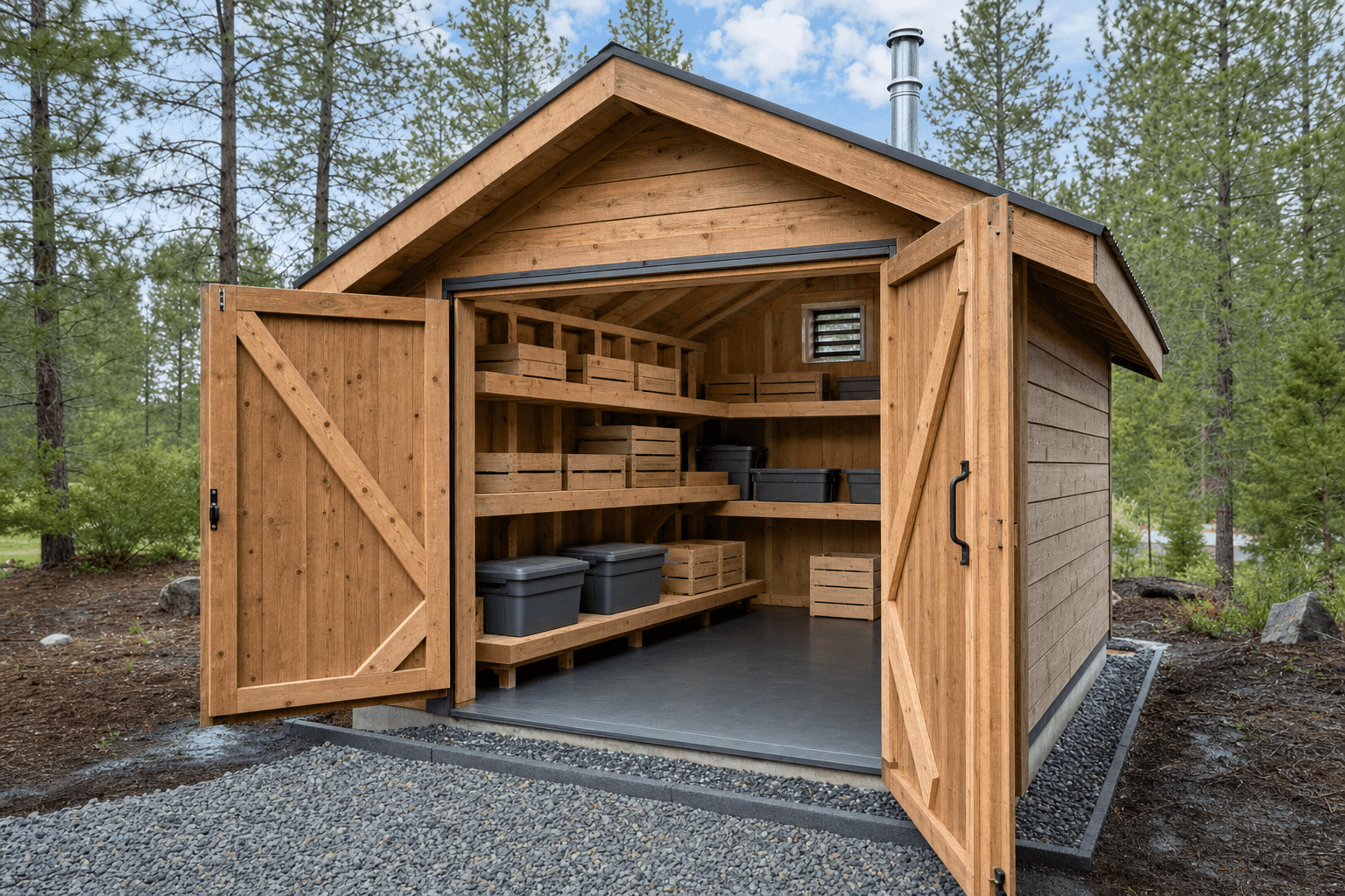 Open cold-storage shed interior with raised shelves, blank produce crates, ventilation louvers, and clear aisle space