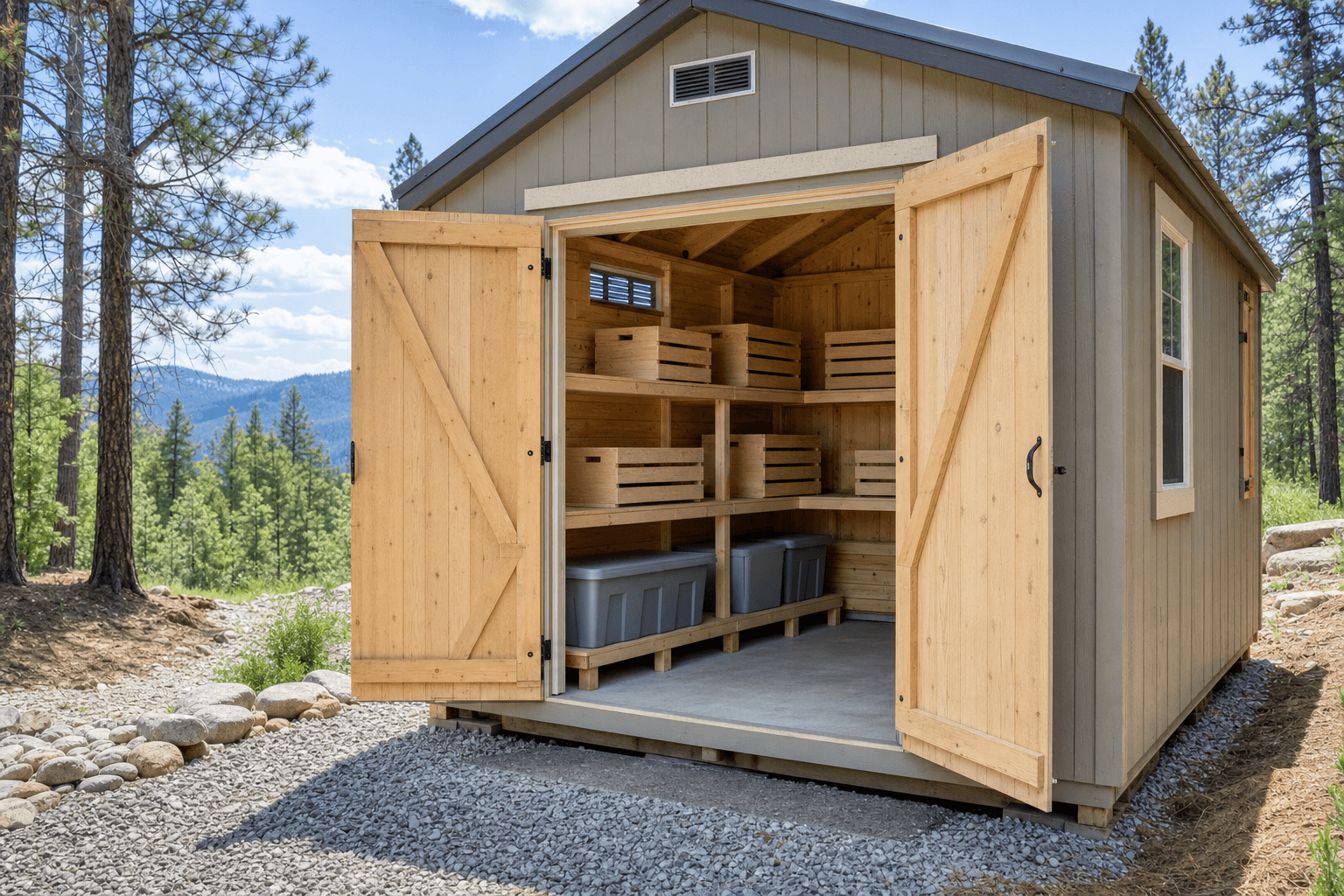 Root cellar shed detail with raised crate shelves, screened vent, moisture-aware floor clearance, and gravel threshold drainage