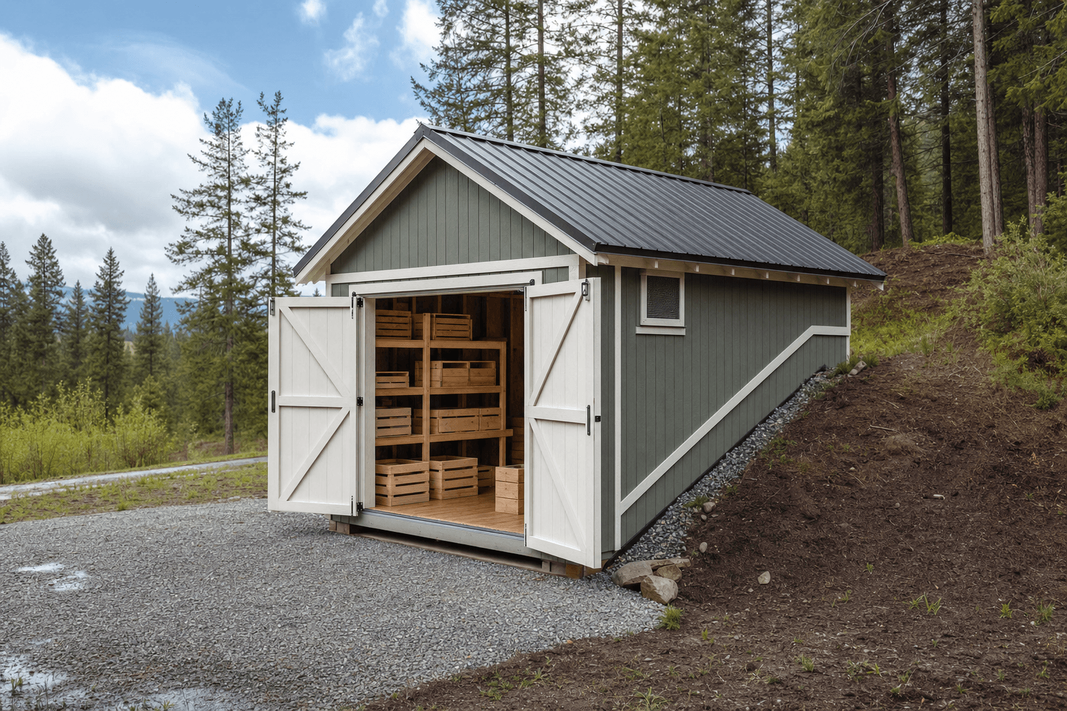 Partially bermed gable cold-storage shed with open double doors, shelves, blank crates, and gravel drainage in North Idaho