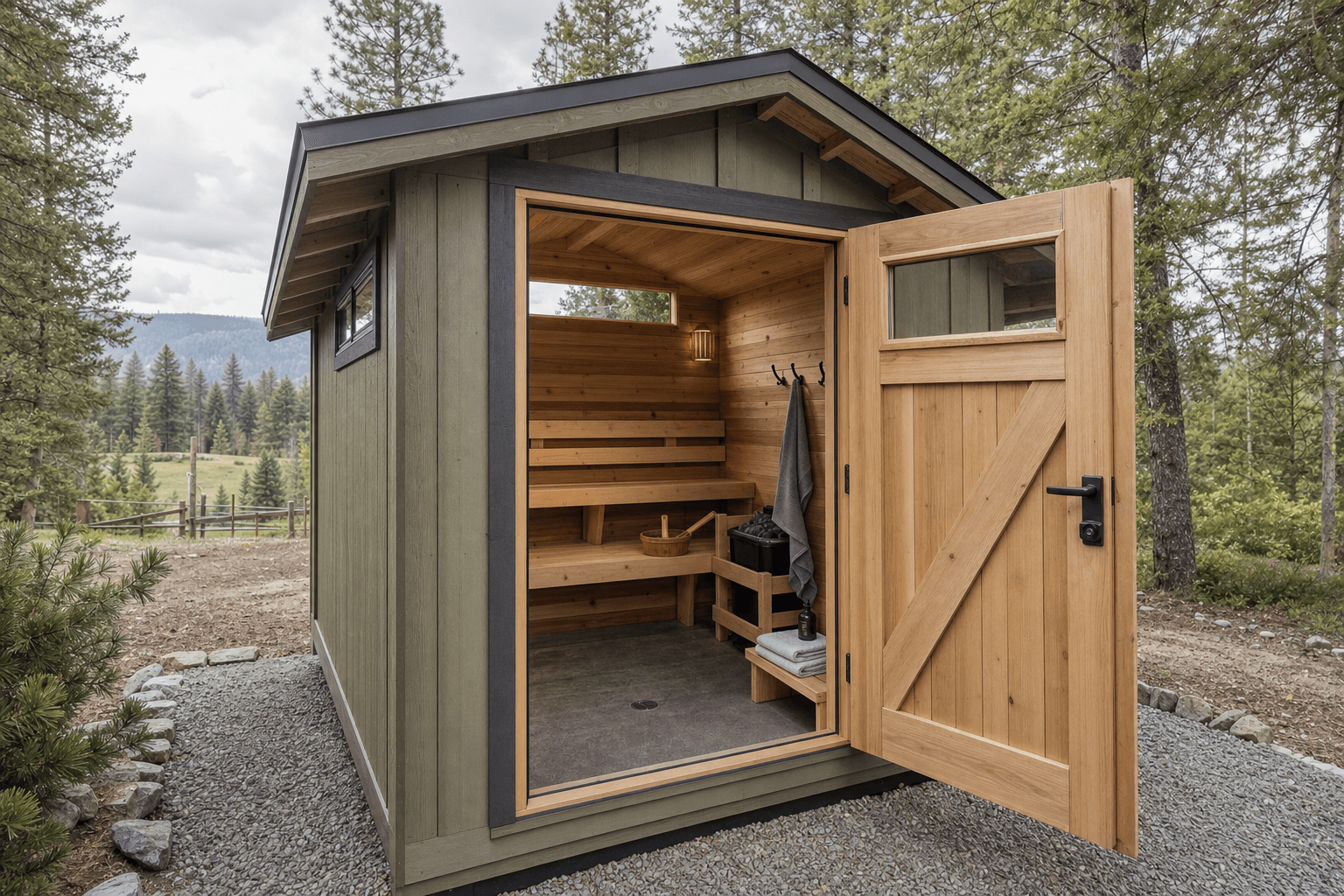Open sauna shed interior with benches, venting, and changing storage