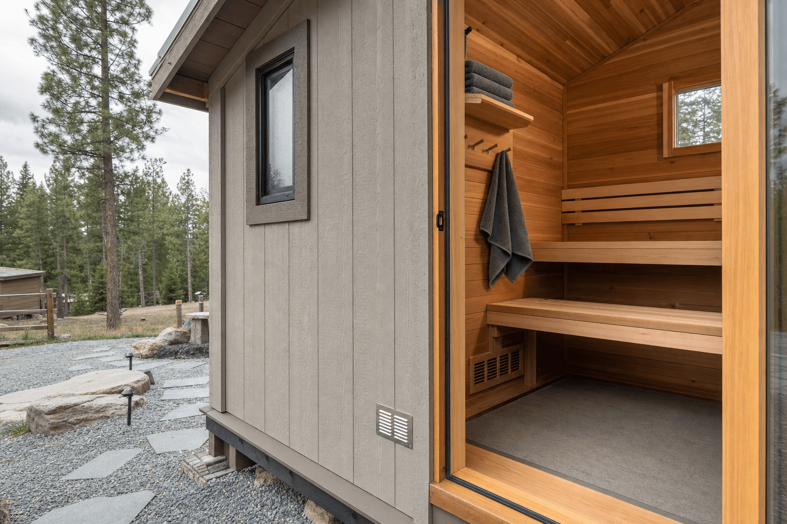 Sauna shed detail with cedar benches, vent, door threshold, and hooks