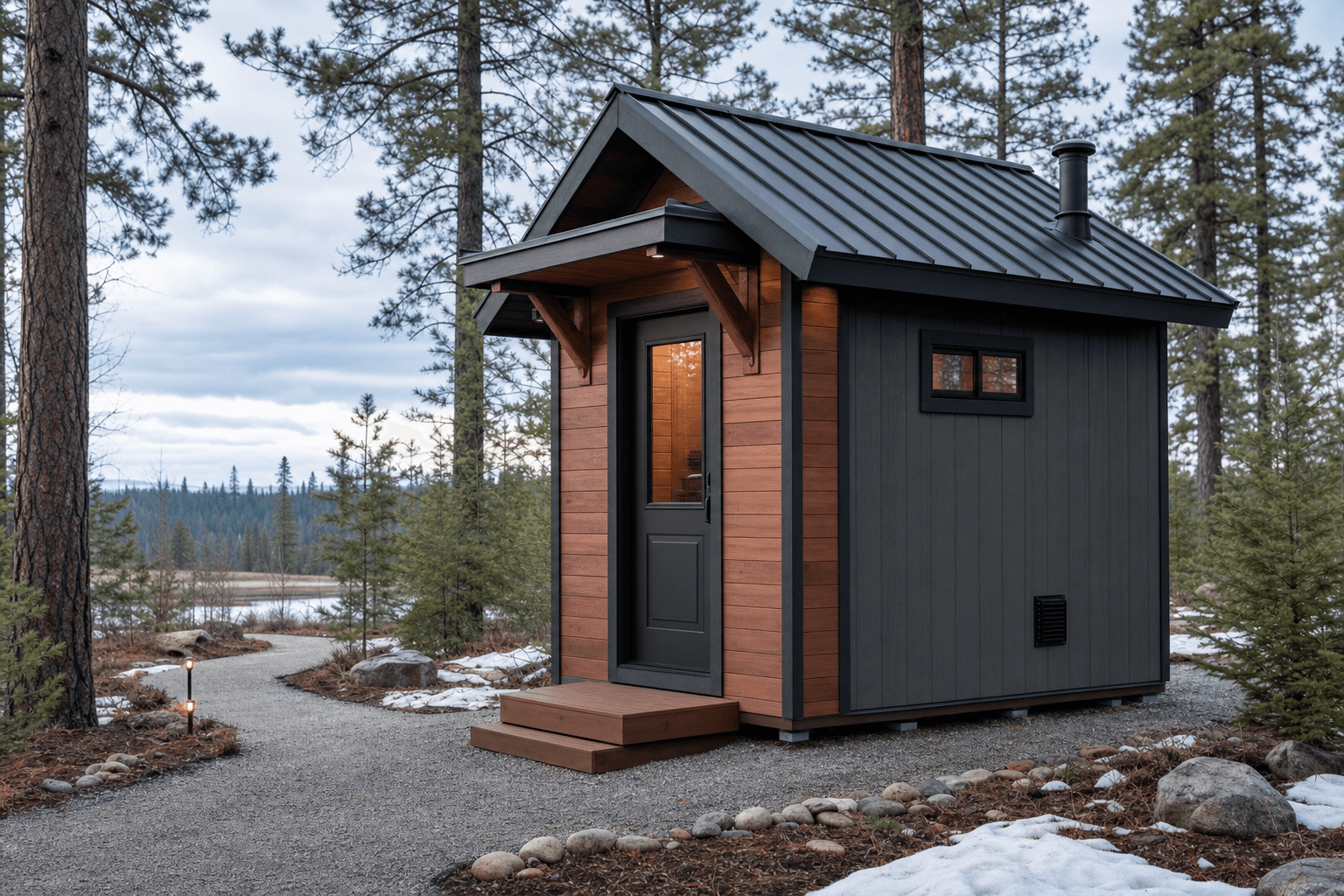 North Idaho sauna shed with entry door, venting, and gravel pad