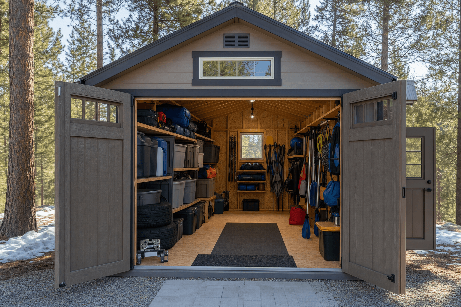 Interior of a 10x12 shed showing a workbench on one wall and shelving along the other