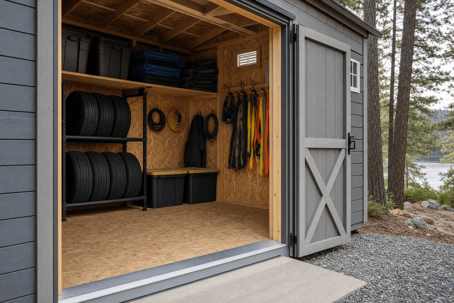 A modern custom shed with clean lines beside a newer home near the ponds and parks of the Montrose community in Post Falls, North Idaho