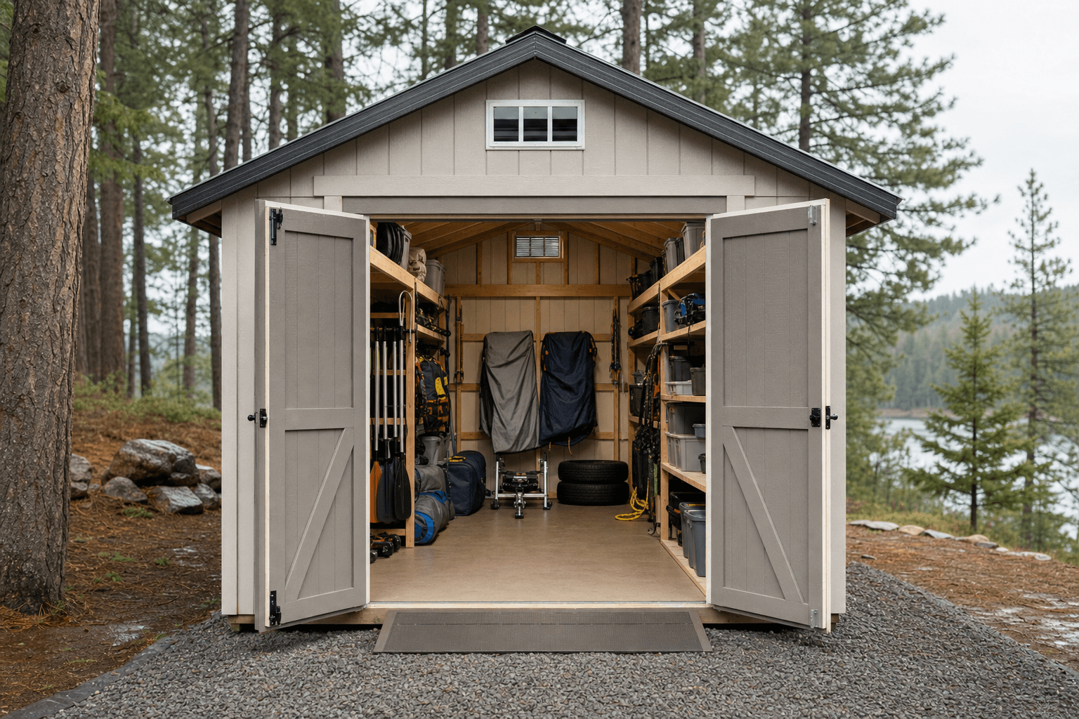 North Idaho seasonal toy storage shed with wide double doors, blank bins, spare tires, folded covers, paddles, straps, ventilation, and dry gravel access