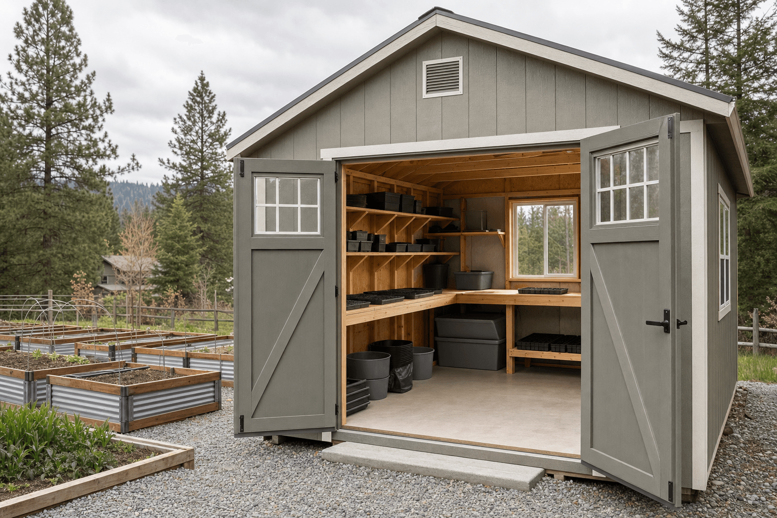 Open seed-starting shed with blank trays, clean shelves, potting bench, window light, screened vent, and organized soil storage