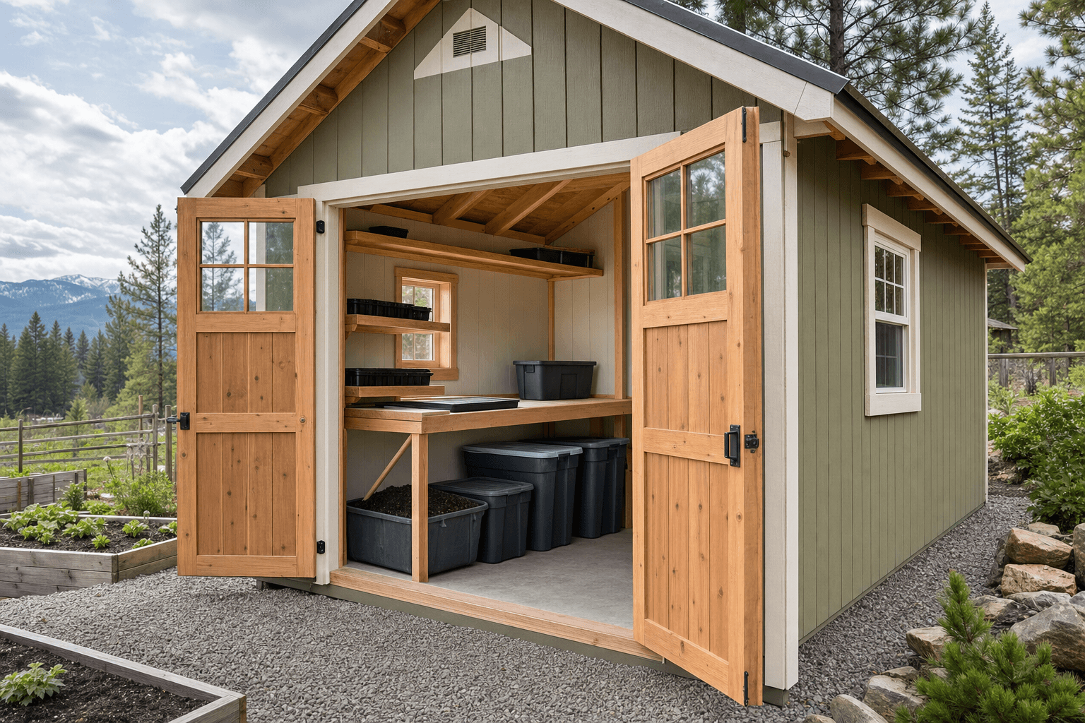Seed-starting shed detail with blank trays, washable bench, soil bin, screened vent, window light, and dry gravel threshold
