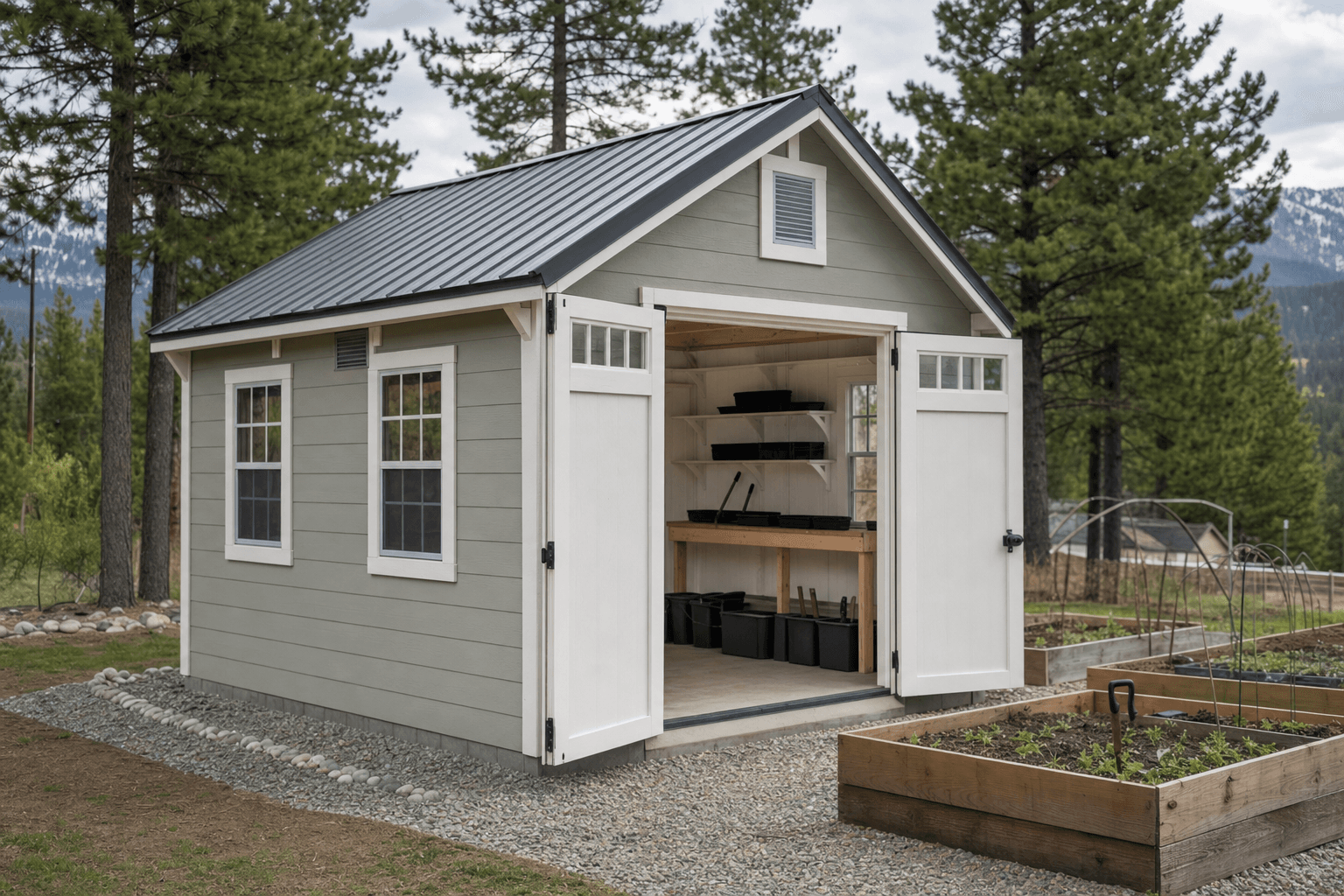 Buildable North Idaho seed-starting shed with clean shelves, blank trays, potting bench, vents