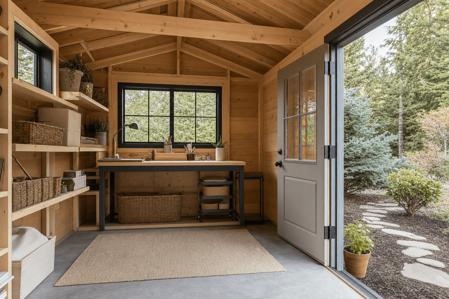 She shed interior detail showing window light, trim, shelving, a bench, and clean floor clearance.