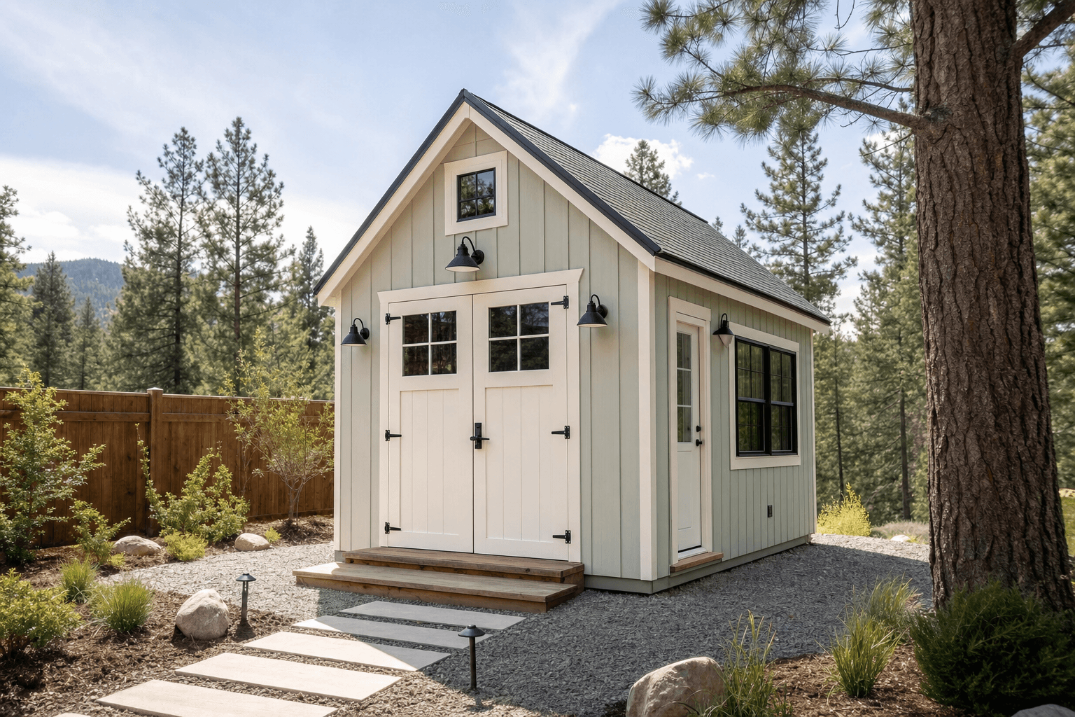 Finished she shed on a gravel pad in a North Idaho backyard with windows, trim