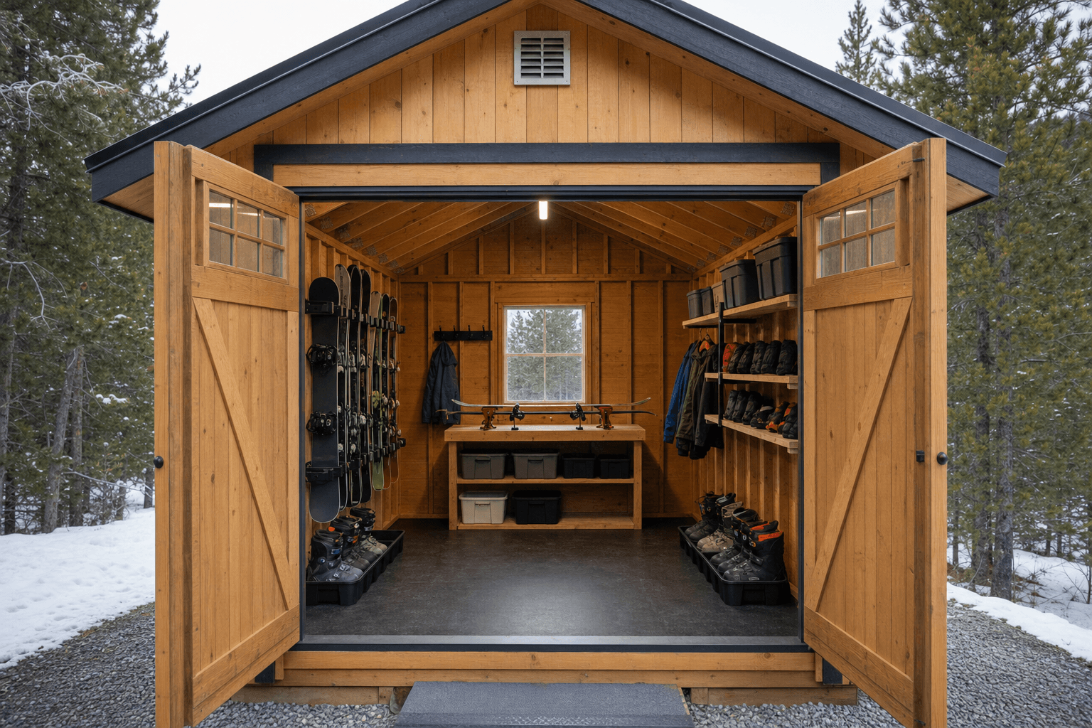 Open ski tuning shed interior with tuning bench, generic ski racks, boot and glove drying shelves, ventilation, durable floor, and clear winter workflow