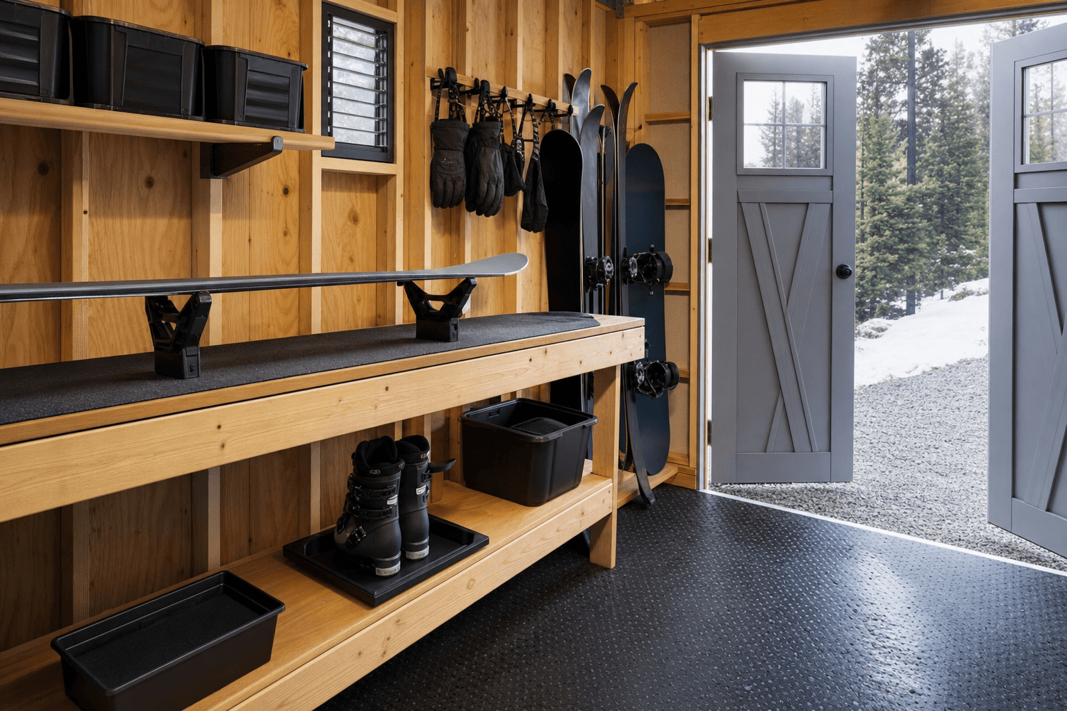 Ski tuning shed detail with wax bench, unbranded ski rack, boot tray, glove hooks, ventilation, durable floor, and snow-ready threshold