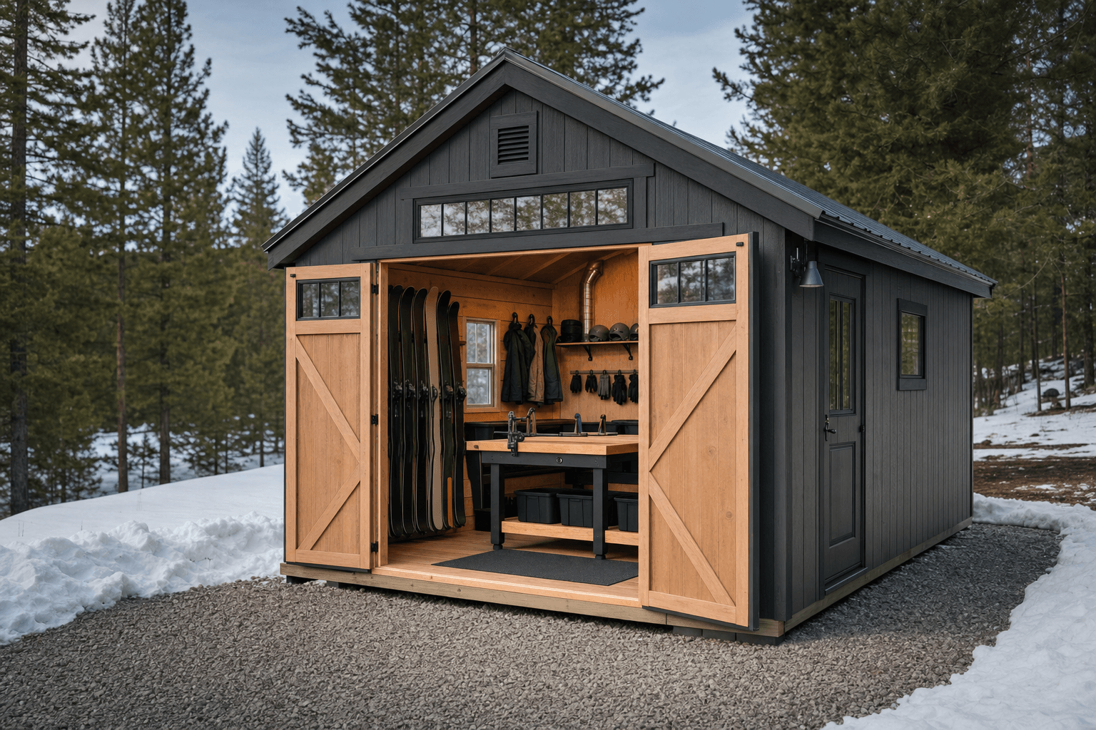 North Idaho ski tuning shed with wide access, tuning bench, ski and snowboard racks, boot and glove storage, ventilation, and a snow-ready exterior