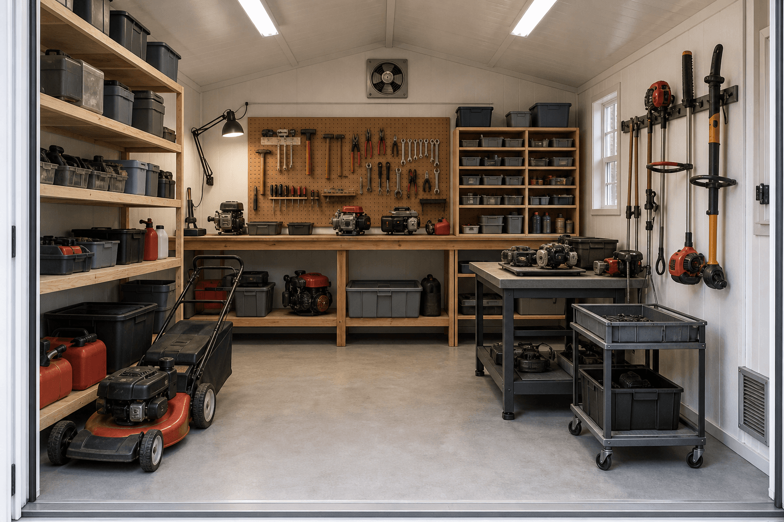 Small-engine repair shed interior with sturdy workbench, blank parts bins, pegboard hand tools, mower and yard-equipment storage cues, vent fan, task lighting, durable floor, and clear aisle.